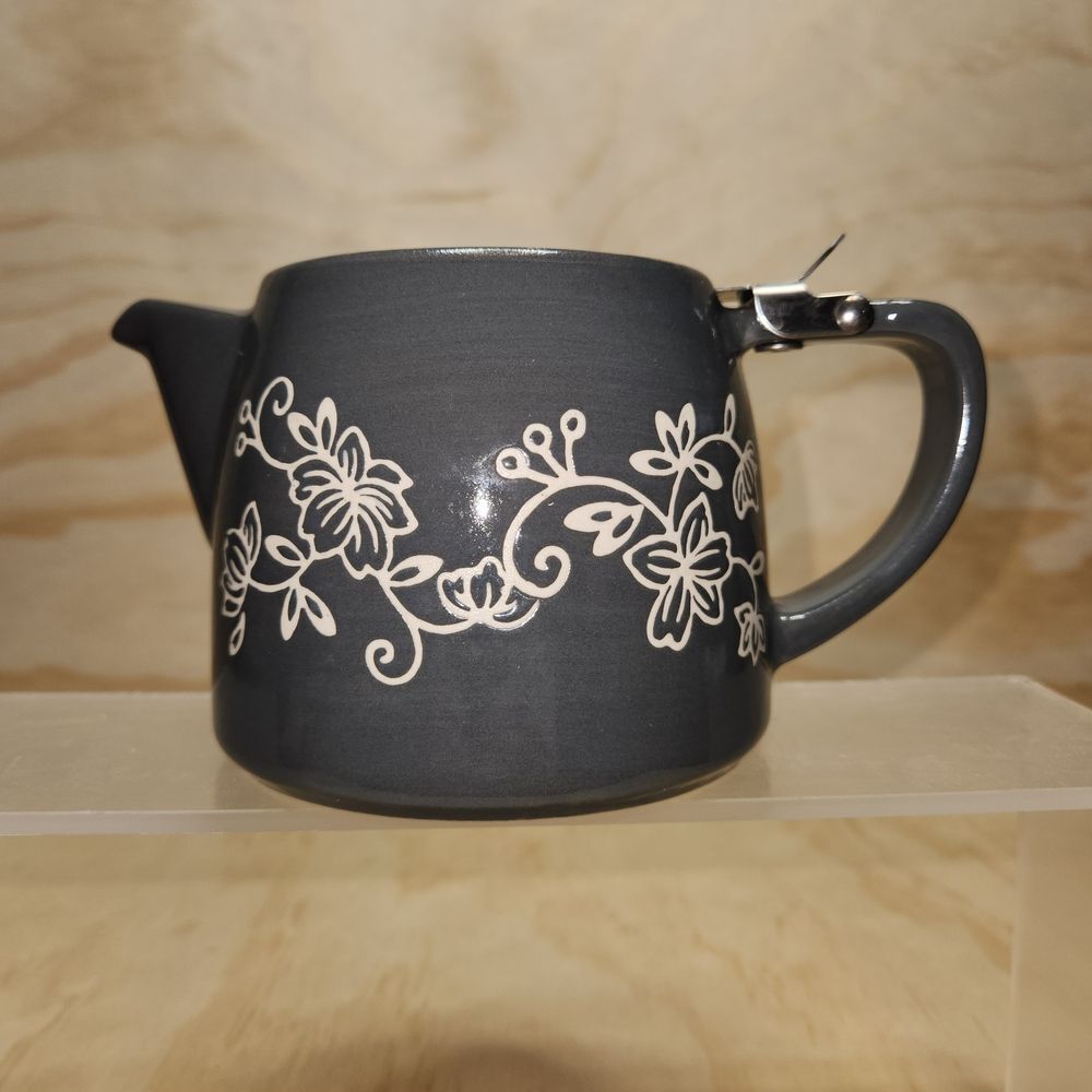 Temp-Tations by Tara Slate Blue Gray Floral Lace Teapot 18 oz Ceramic Beverage